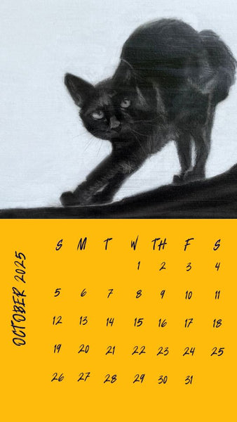 Calendar for October 2025 with a black cat illustration on a white background