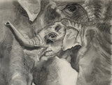A charcoal drawing of two elephants, with one being a young elephant looking towards the viewer and the other, an adult, looking away. The artwork is signed and dated at the bottom.